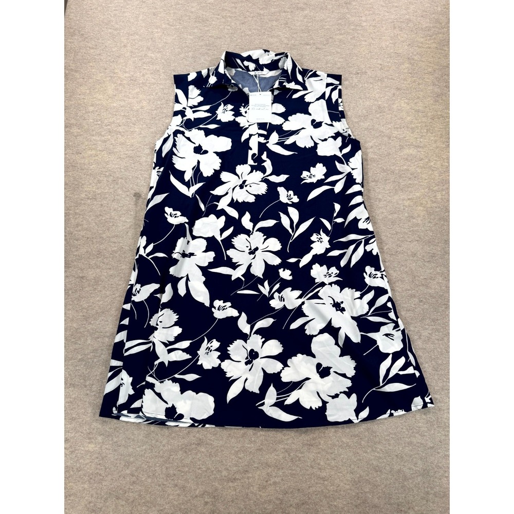 Wenrine Mini Dress Womens Large Navy White Floral Print Collared Sleeveless